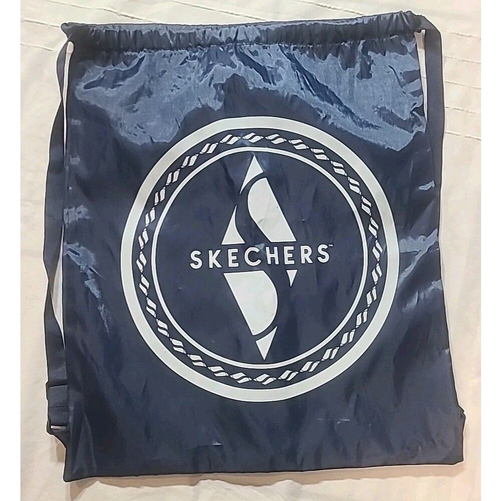 Skechers Drawstring Nylon Bag Backpack Blue Navy White 17" Lightweight